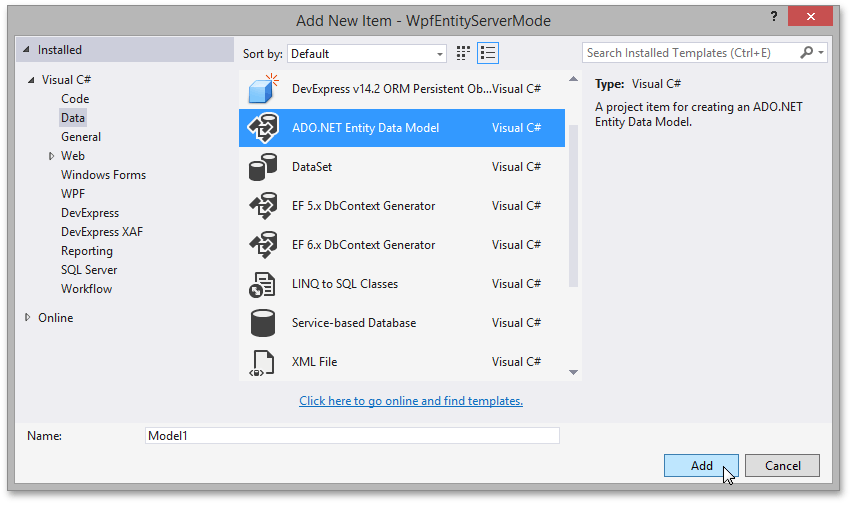 WPF Server Mode - Add Entity Component