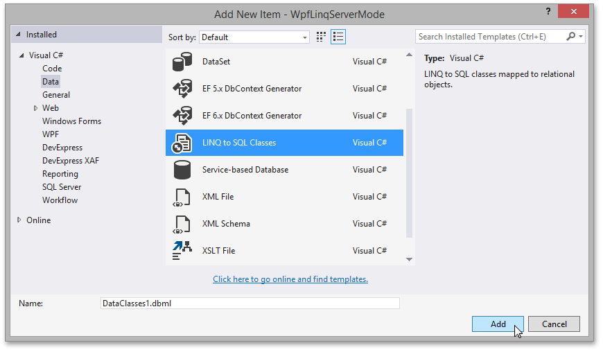 WPF Server Mode - Add LINQ Component