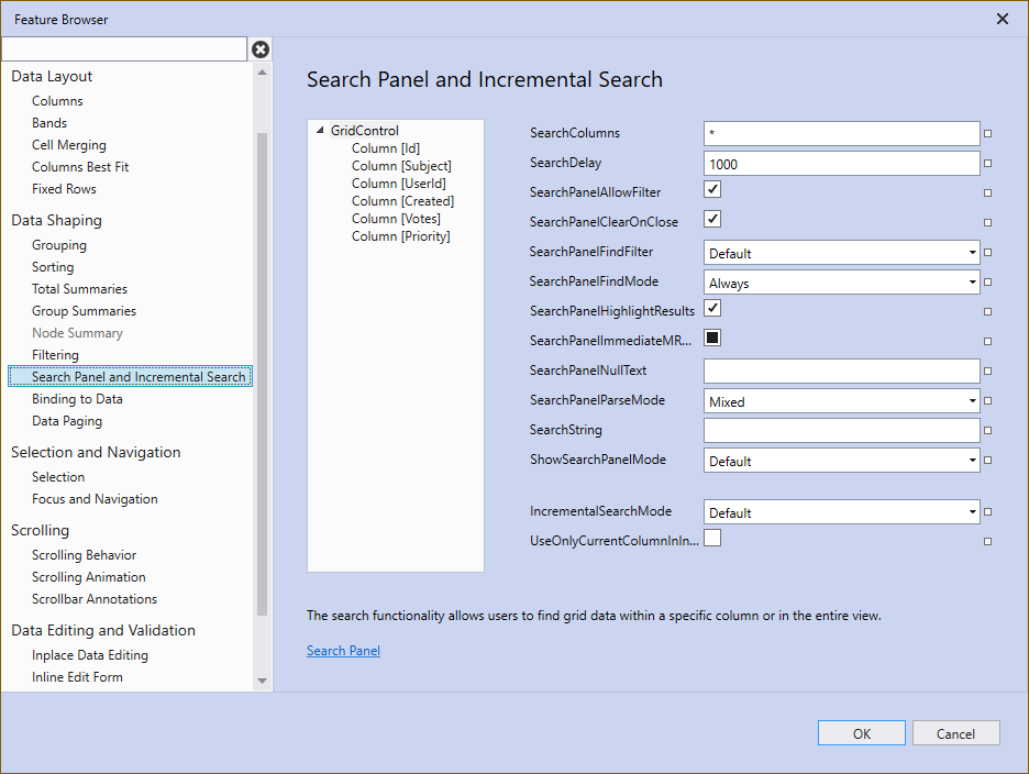 WPF GridControl FeatureBrowser