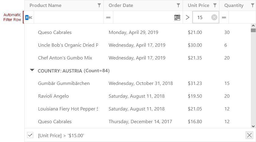 Auto Filter Row