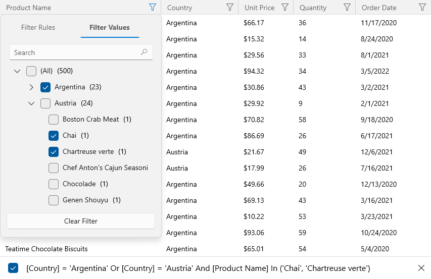 WinUI Grid - Grouped Filters