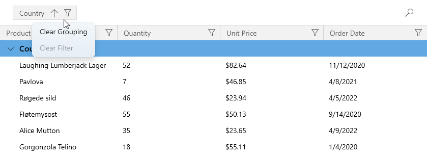 WinUI Grid Column Context Menu