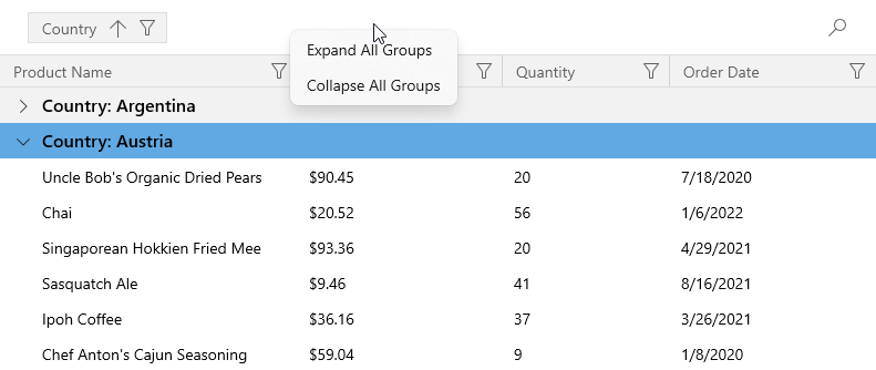 WinUI Grid - Group Panel Context Menu