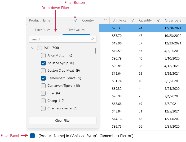 WinUI Grid: Drop-down Filter