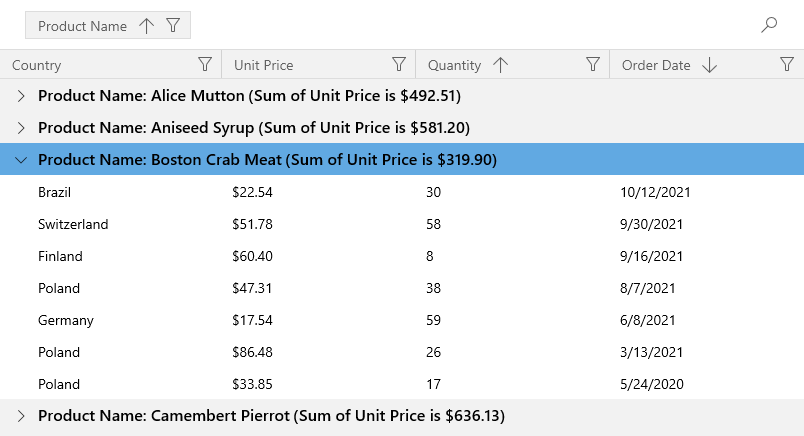 WinUI Grid - Get Started Group Summary