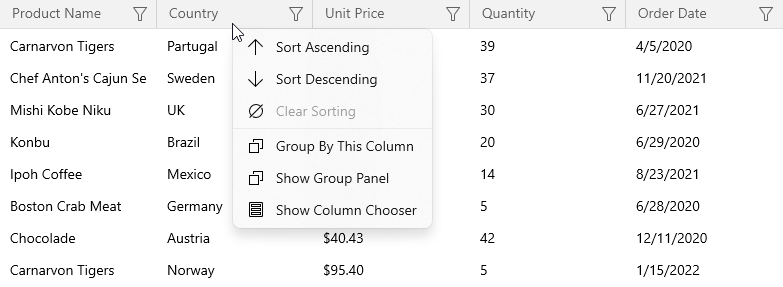 Column Context Menu