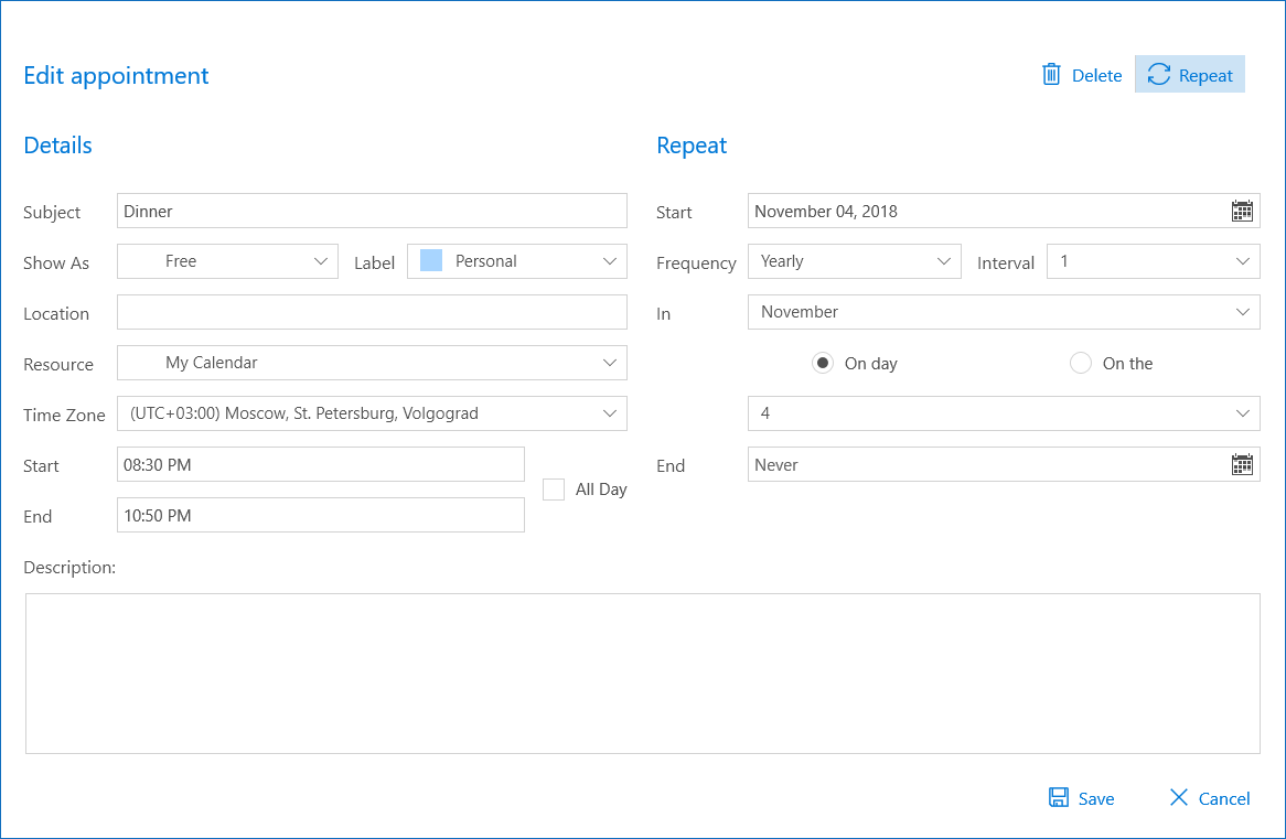 DevExpress WinUI Scheduler - Edit Recurrence Appointment