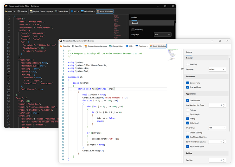 WinForms Monaco Code Editor, DevExpress