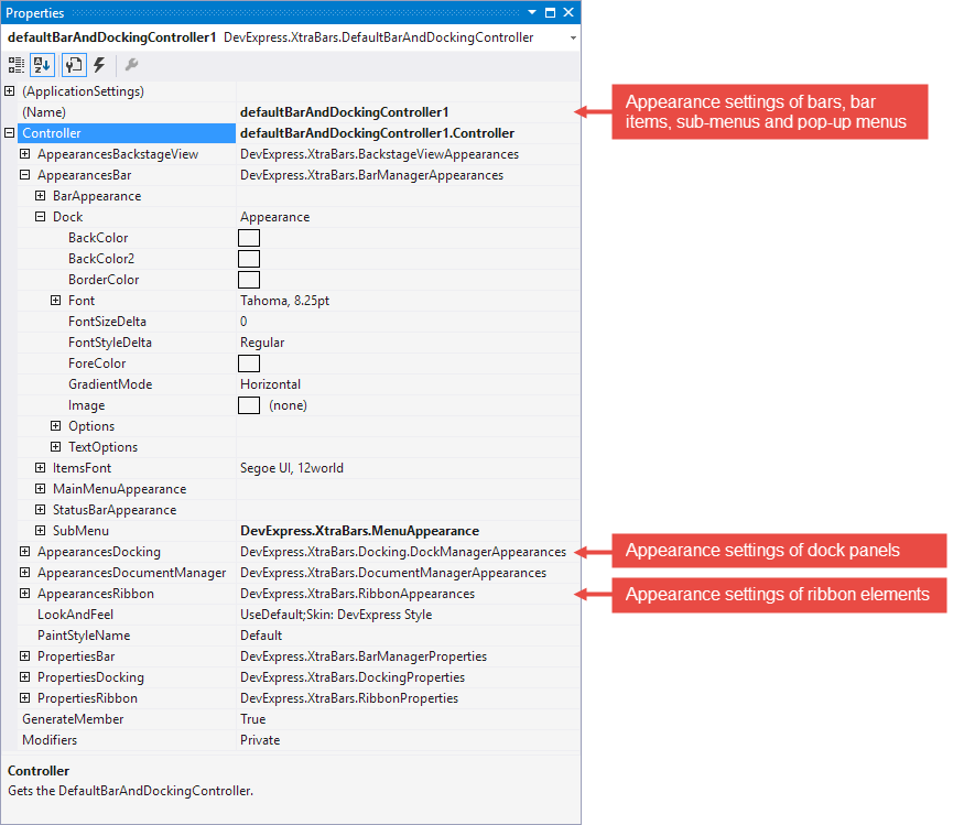 XtraBars Bar and Dock Controller Appearances