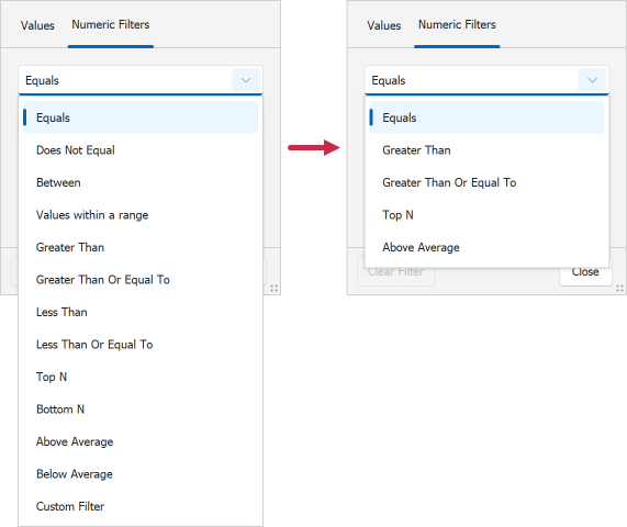 WinForms PivotGrid - Hide Operators from the Excel Filter