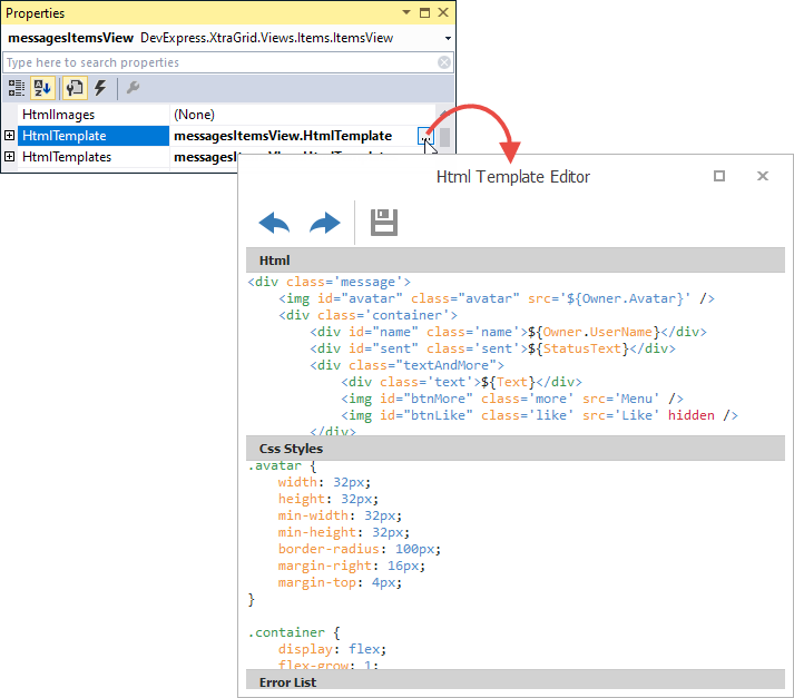 ItemsView - Html template editor