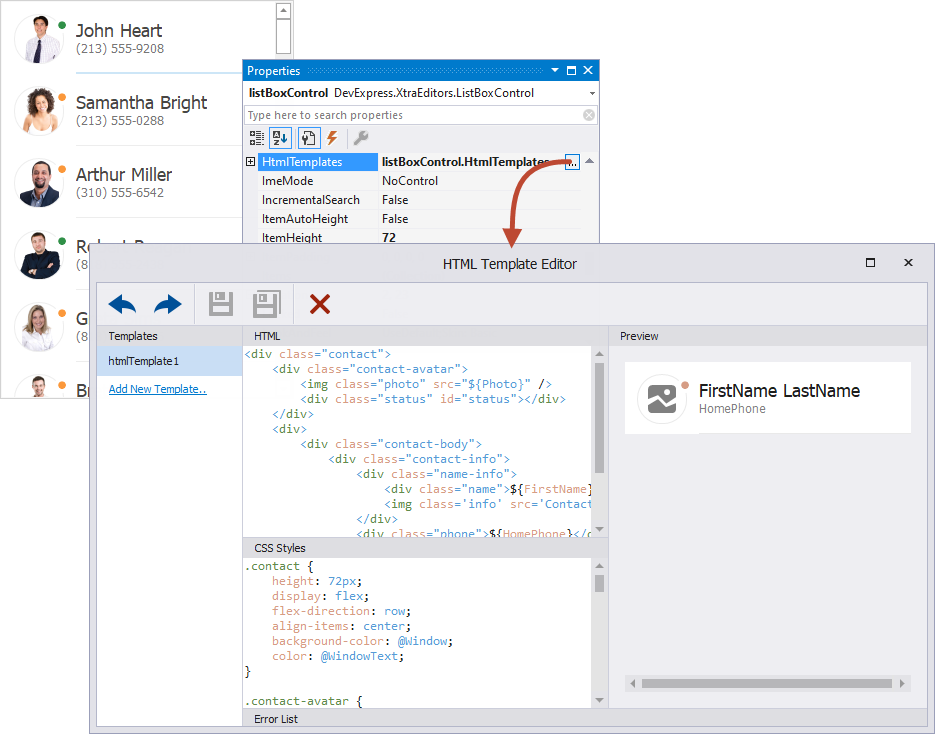 BaseListBoxControl.HtmlTemplates Property WinForms Controls