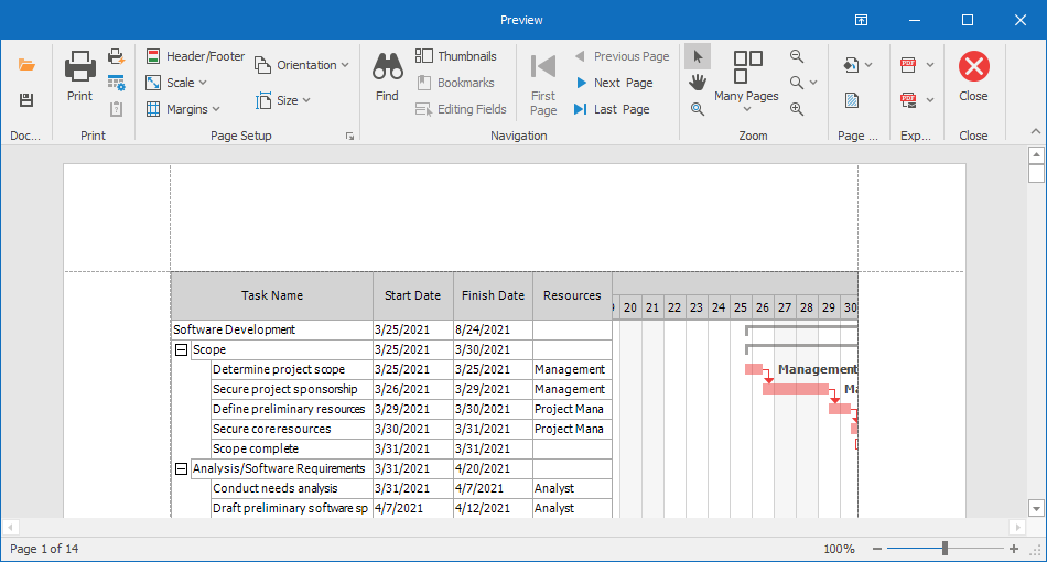 Gantt Control Print Preview