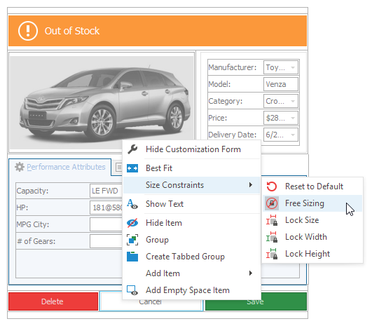 layout control devexpress