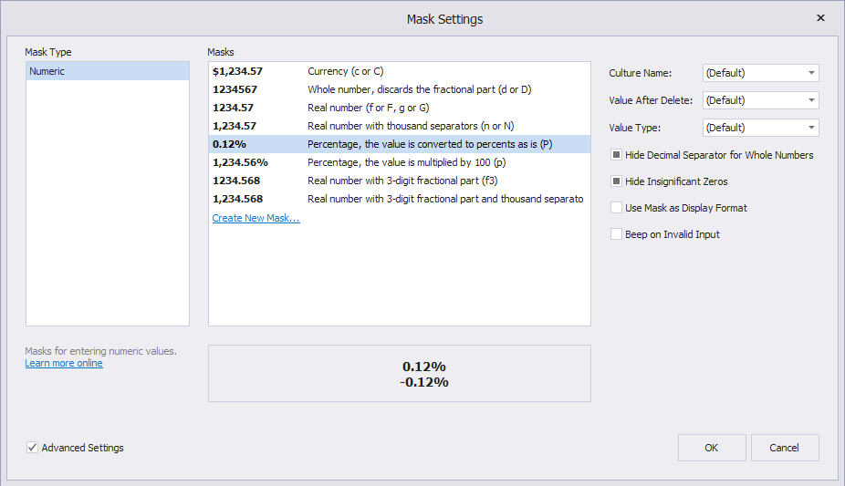 Mask Settings dialog - Mask options