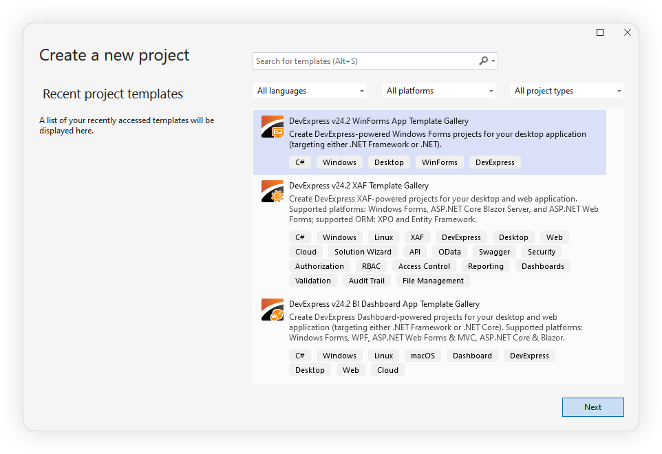 Create DevExpress-Powered Project - Find WinForms Template