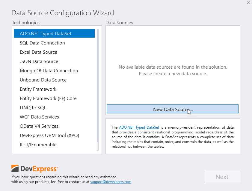 Create new ADO.NET data source in WinForms Data Source Configuration Wizard