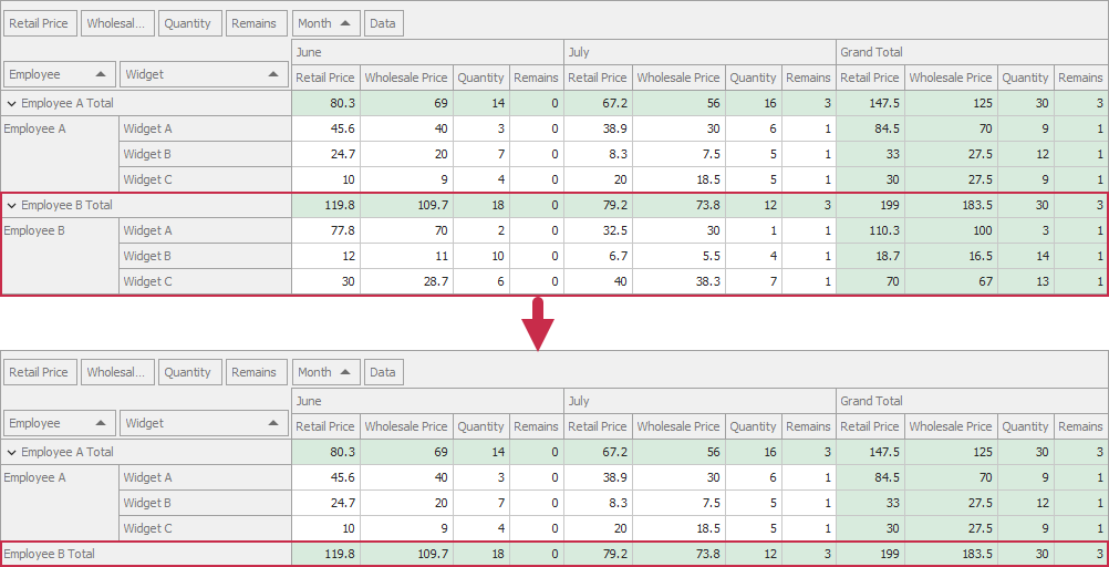 Hide specific rows and columns