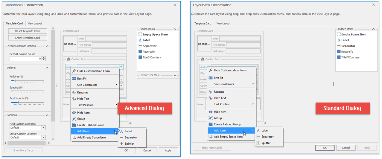 Data Grid - Cards - Customization Dialogs