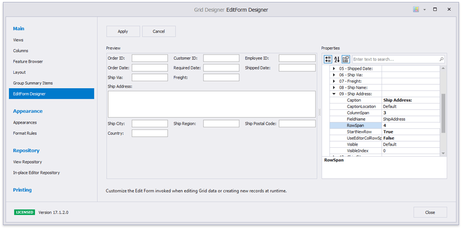 Data Grid - Edit Form Designer