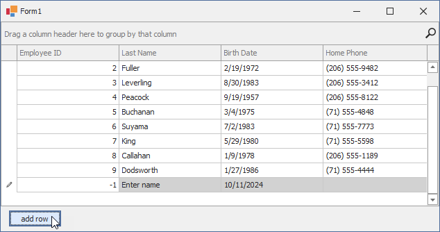 DevExpress WinForms Data Grid initialize new row with default values