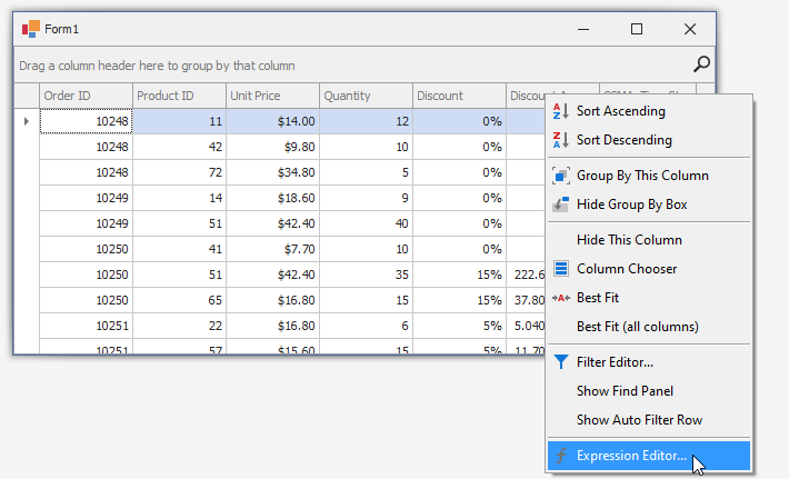 WinForms Data Grid invoke Expression Editor at runtime from column context menu