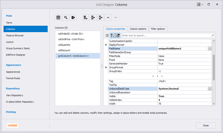 Data Grid - Unbound Columns - Designer