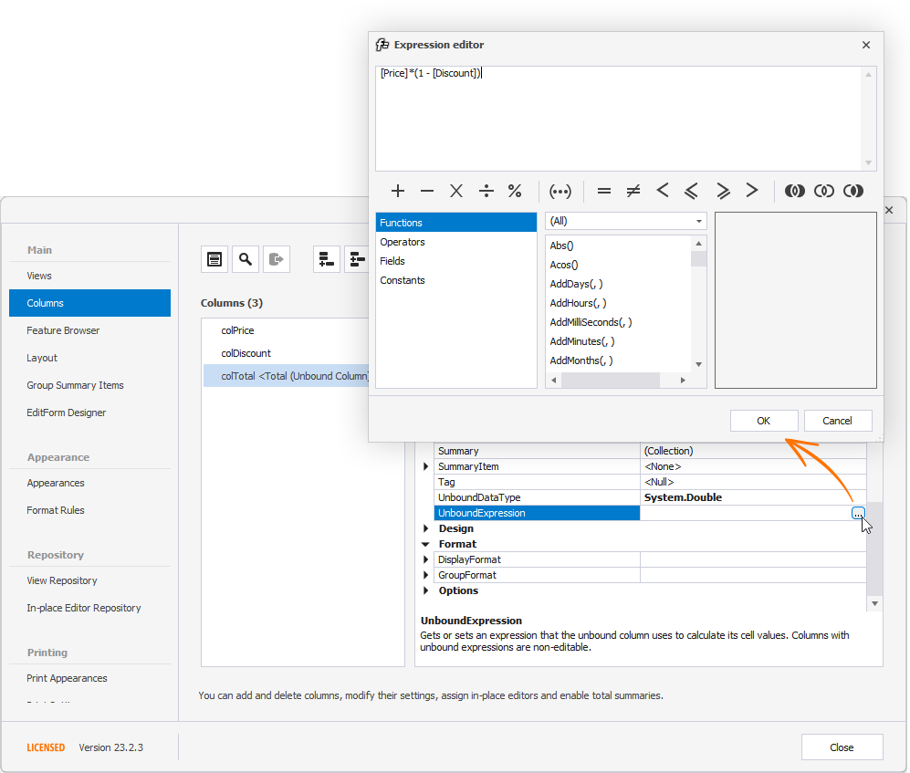 WinForms Data Grid - Unbound Expression Editor, DevExpress