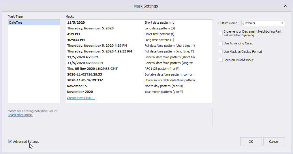 Mask Settings dialog - Mask options