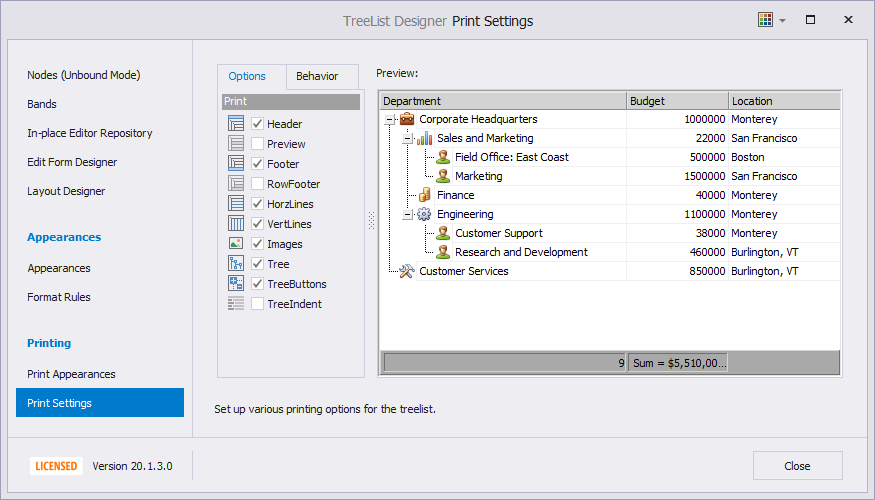 Tree List Print Settings