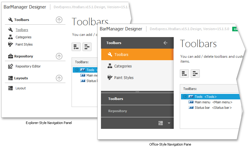 DevExpress Menu - Explorer Panel and Office Pane in Designer