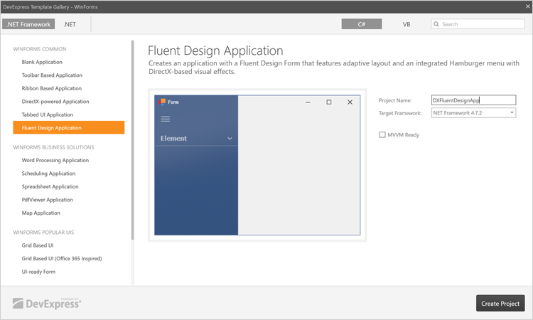 Fluent Design Application - DevExpress Template Gallery