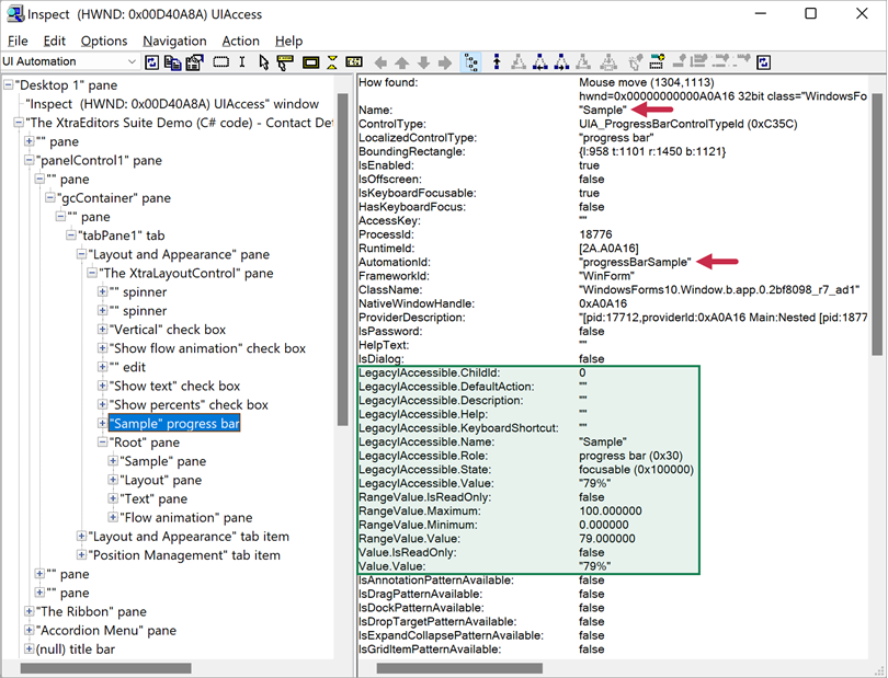 Control properties exposed by the Inspect tool