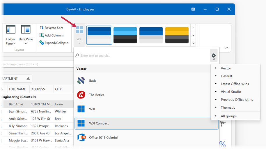 Skin selector in DevExpress WinForms demos