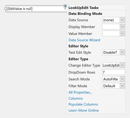 Main Lookup Settings in the Editor's Smart Tag Menu