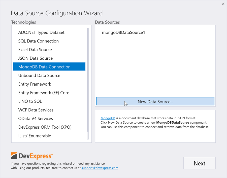 MongoDB page in DevExpress Data Source Configuration Wizard