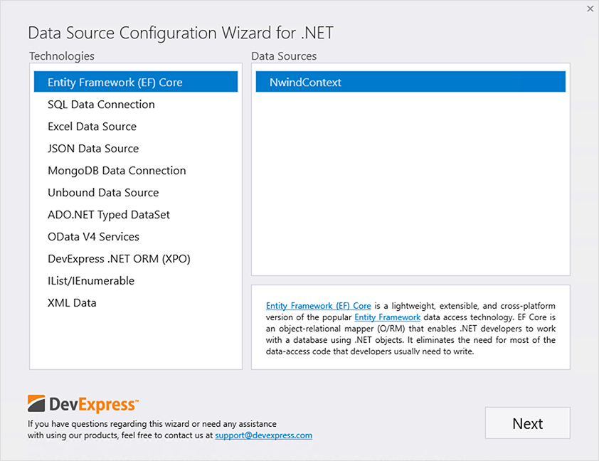 Select Data Model - Data Source Configuration Wizard, DevExpress