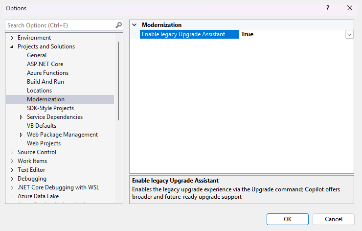 Enable the legacy Upgrade Assistant - Visual Studio 2022