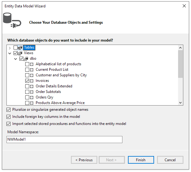 Choose database tables and views.