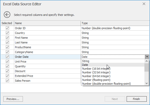 4. Select columns to be included to a data source