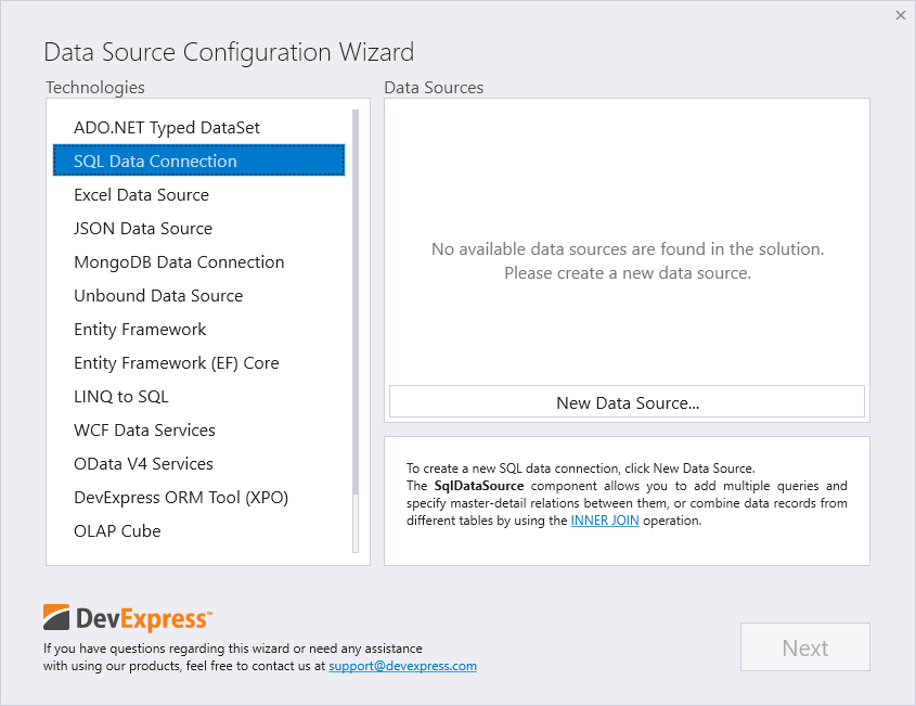 Create a new SQL data source