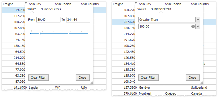 Grid - Excel Filter Dropdown Menu Numeric Data