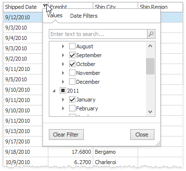 Grid - Excel Filter Drop-down Menu Values