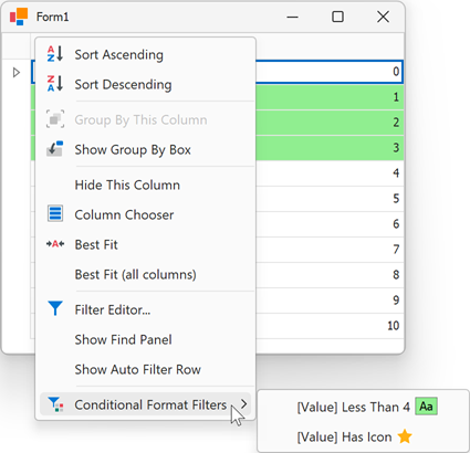 WinForms Data Grid - Conditional Format Filters Item in Column Header Menu, DevExpress