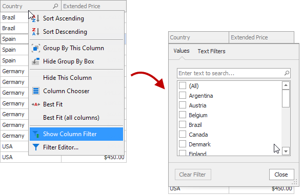 Data Grid - Show Column Filter menu item