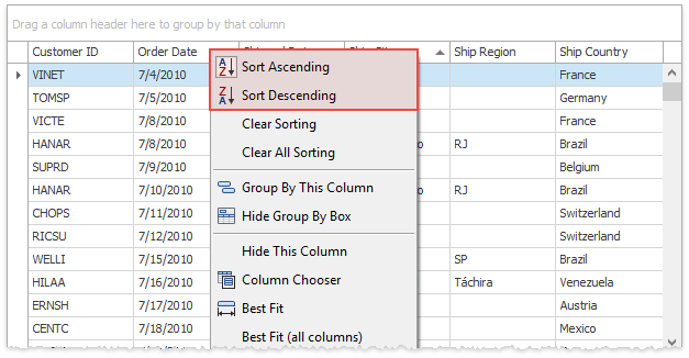 Grid - Sort in Menu