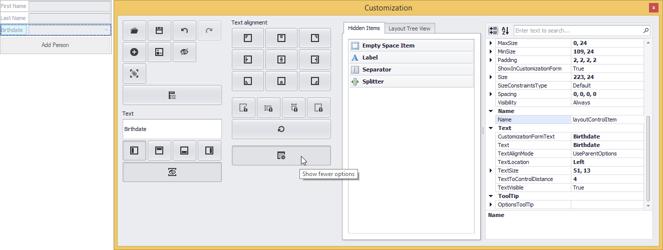 LayoutControlExtendedCustomizationFormQuickMode