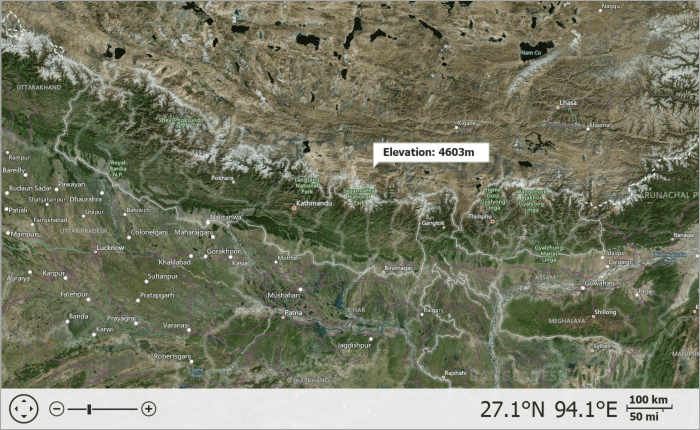 A callout shows elevation for a geographical point