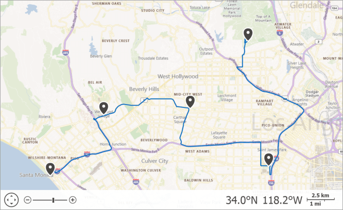 A route between multiple waypoints