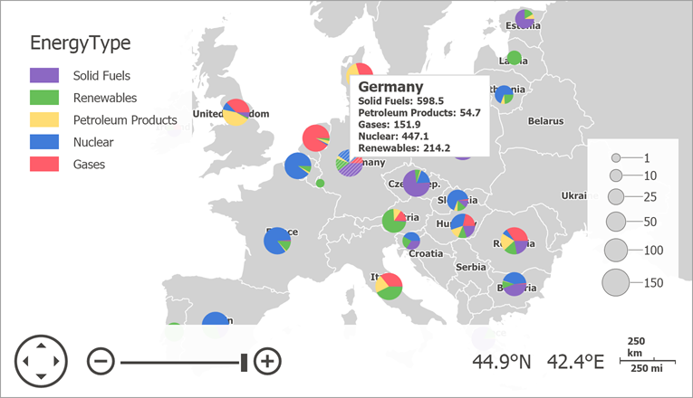 This map shows pies drawn over polygons. Pies and polygons are some of the map vector items you can show on the map.